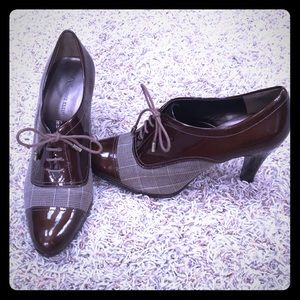 Anne Klein Oxford Ankle Bootie Heels Plaid Leather